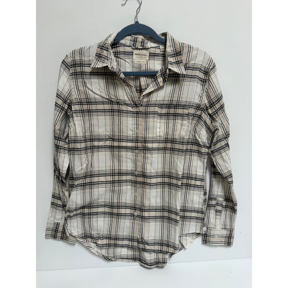 Weatherproof Vintage Womens Medium Plaid Button Down Shirt Comfort Stretch Cream